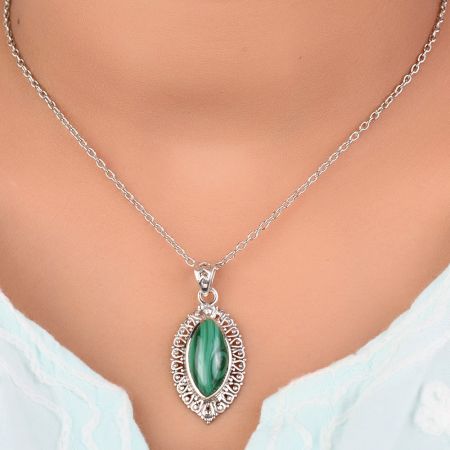 92.5 Sterling Silver Pendent Green Malachite With Traditional Border Design