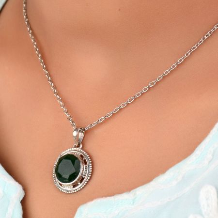 92.5 Sterling Silver Pendant Round Cut Stone Green Onyx Round Engraved Border
