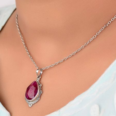92.5 Sterling Silver Pendant Big Tear Drop Red Spinel Studded Silver Pendant