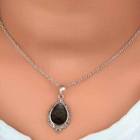 92.5 Sterling Silver Pendant Natural Black Jasper Pear Semi Precious Stone
