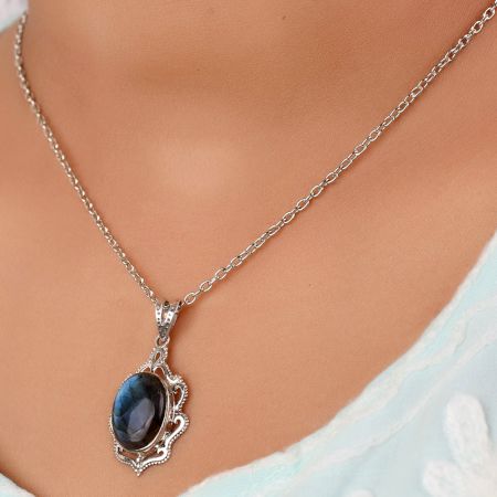 92.5 Sterling Silver Earrings Glowing  Oval Shaped Labradorite Engraved  Pendant