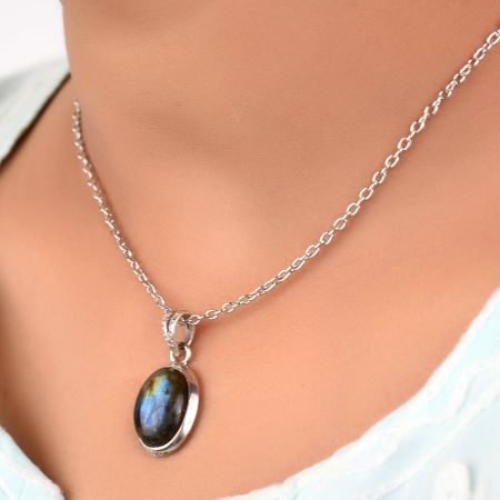 92.5 Sterling Silver Pendant Big Oval Shaped Labradorite Pendant