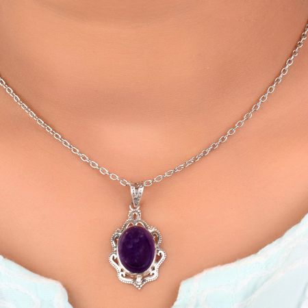 92.5 Sterling Silver Pendant Big Oval Shaped Amethyst Pendant