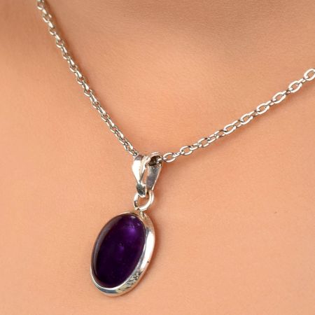 92.5 Sterling Silver Pendant Big Oval Shaped Amethyst Bezel Set Pendant