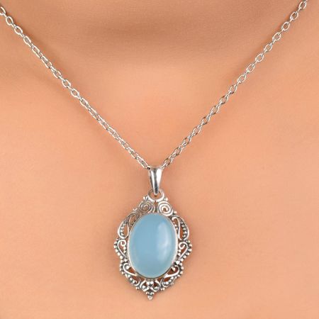 92.5 Sterling Silver Pendant Aqua Chalcedony Gemstone Pendant