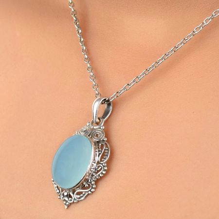 92.5 Sterling Silver Pendant Aqua Chalcedony Gemstone Pendant