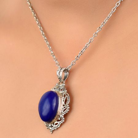 92.5 Sterling Silver Pendant Oval Shaped Blue Tourmaline Gemstone Pendant