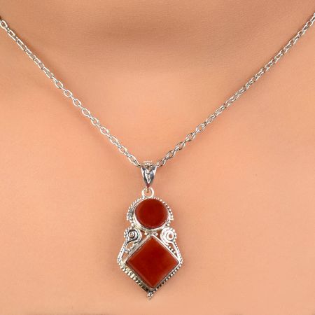 92.5 Sterling Silver Pendant Round And Square Tiered Red Carnelian Stone
