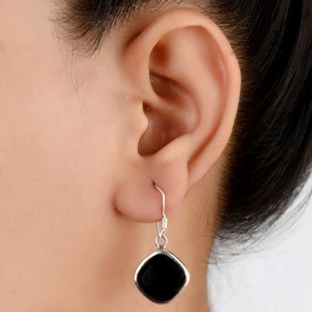 92.5 Sterling Silver Earrings Black Onyx Square Design Bezel Set Drop Hanging earrings