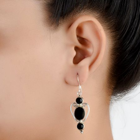 92.5 Sterling Silver Earrings Long Two Black Onyx And One Long Designer Dangler Earrings