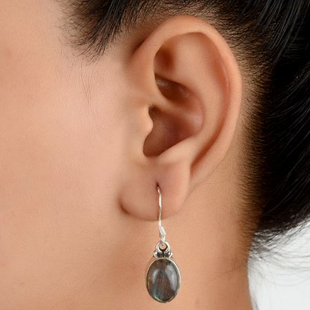 92.5Sterling Silver Earrings Big Oval Moonstone Drop Hanging Earrings