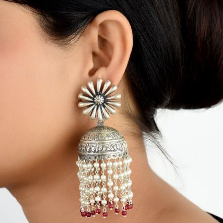 92.5 Sterling Silver Earrings Big Petals Flower Stud With Silver Beads And Red Onyx Beads Jhumkis