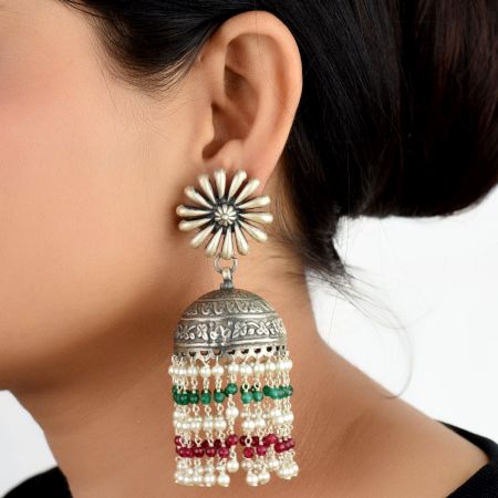 92.5 Sterling Silver Earrings Big Floral Stud Small silver red and Green Onyx Chandelier Tassel Jhumkis
