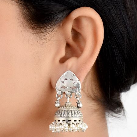 92.5 Sterling Silver Earrings Abstract Stud Design Jhumki  With Hanging Silver Beads