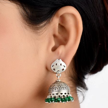 92.5 Sterling silver Earrings Abstract design Oxidized Silver jhumkis and Hanging Green Onyx Tassels