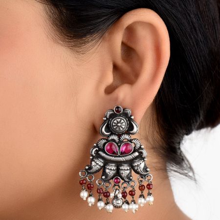 Intricate 92.5 Sterling Silver Earrings Pink Jade Garnet And Pearls