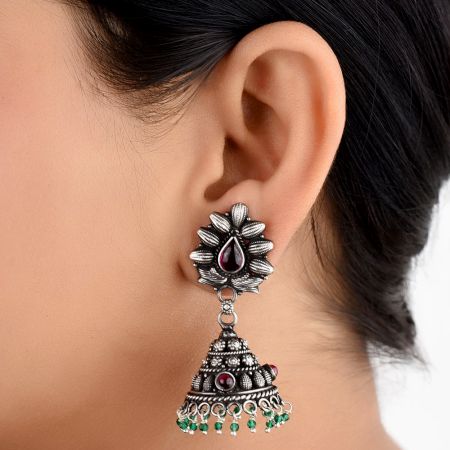 Tribal 92.5 Sterling silver Jhumki Studded With Amethyst and Peridot Stones