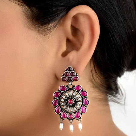 92.5 Sterling Silver Dangler Earrings Floral Design Pink Sapphire and Pearl Beads Studded jewelry
