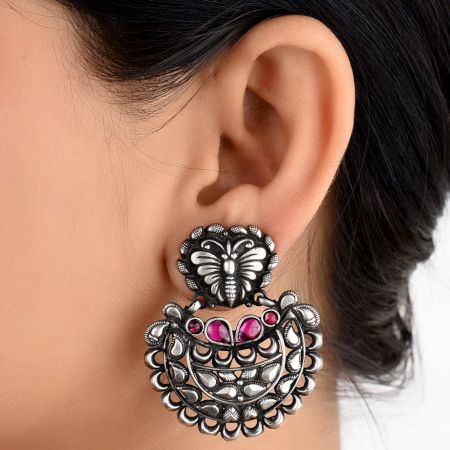 Butterfly 92.5 Sterling Silver Chandbali Earrings Fuchsia Jade Stoned Fashion For women