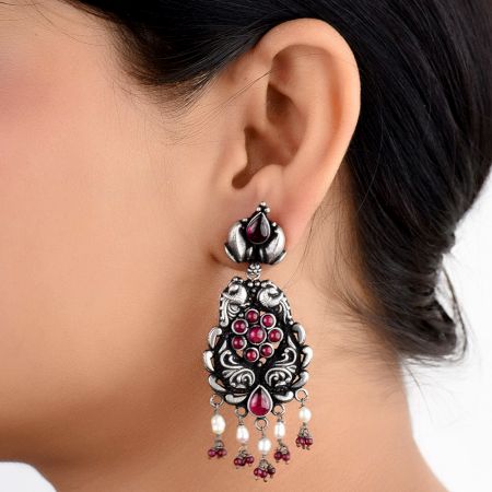 92.5 Sterling Silver Earrings Peacock Fuchsia Danglers With Red Chalcedony And Pearl Tassels For Girls