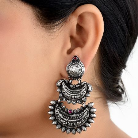 Three Layered 92.5 Sterling Silver Earrings Chandbali Pink Fuchsia Intricate Floral Design