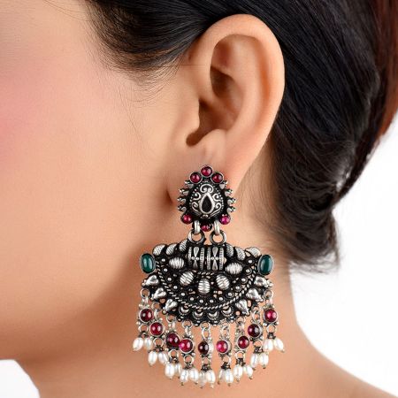 Engraved 92.5 Sterling Silver Earrings Chandbali Pink Howelite And Pearl Chandelier Earrings
