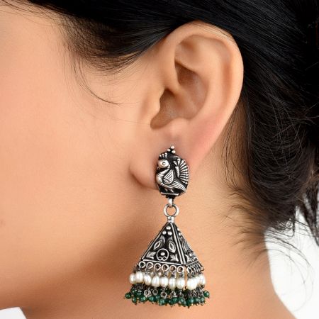 Peacock Engraved 92.5 Sterling silver Earrings Pyramid Shaped Jhumkis With Green Aventurine and Pearl Beads