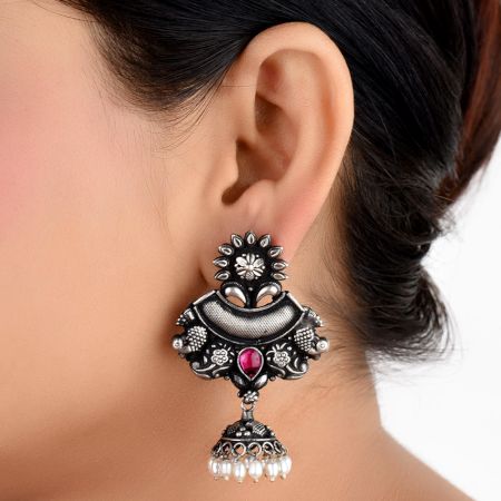 Tribal Handmade 92.5 Sterling silver Earrings Oxidized Danglers with Pink Howelite And Pearl Beads