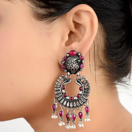 Floral Design 92.5 Sterling Silver Earrings Adorned With Pink Tourmaline Stones