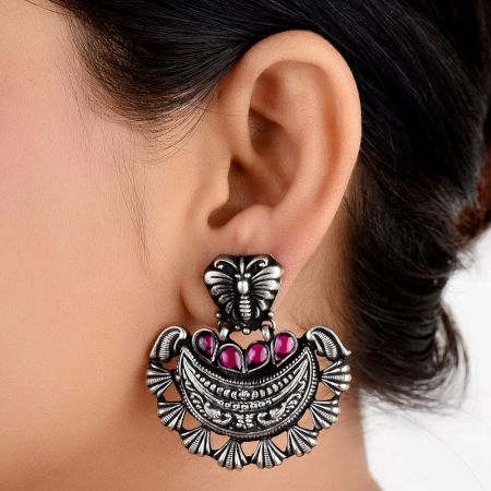 Butterfly Stud 92.5 Sterling Silver Earrings Chanbali Decorated With Pink Fuchsia Beads