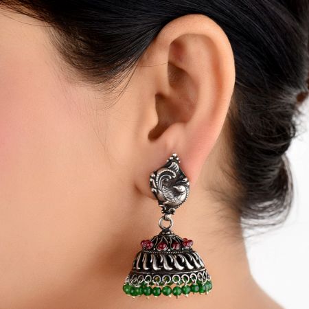 92.5 Stering Silver Earrings Tribal Stud Amethyst And Green Onyx Stone Jhumki