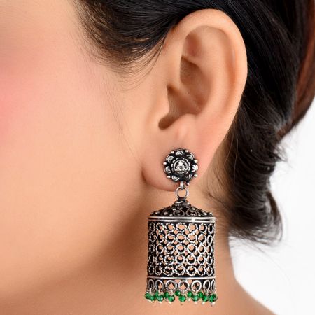 92.5 Sterling Silver Earrings Drum Shaped jali Design With Onyx beads Hangings