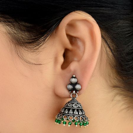 Casual 92.5 Sterling Silver Earrings Engraved Geometric Design Green Onyx Beads Jhumki