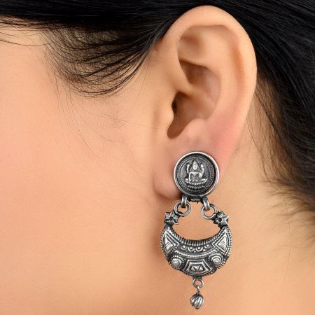 92.5 Sterling Silver Earrings Goddess Laxmi Tribal Geometric Pattern Chandbali Earrings