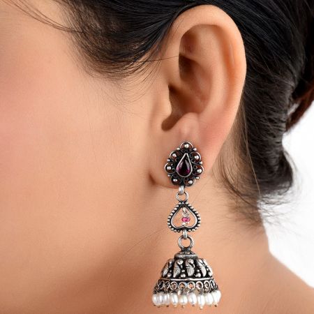 Wired Floral 92.5 Sterling silver Earrings With Pink Jade Motifs And Pearl Tassels Jhumkis