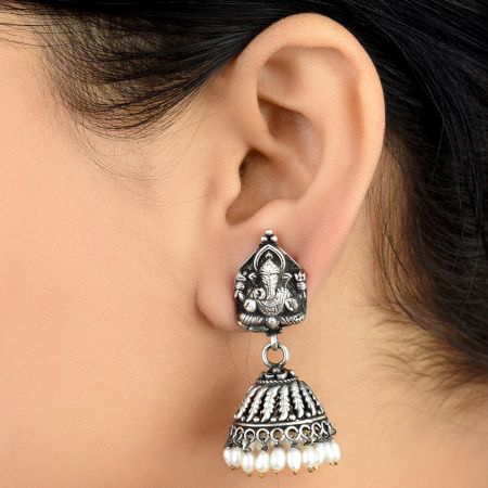 Ganesha 92.5 Sterling silver Earrings With engraved Pattern And Pearl Beads Hangings