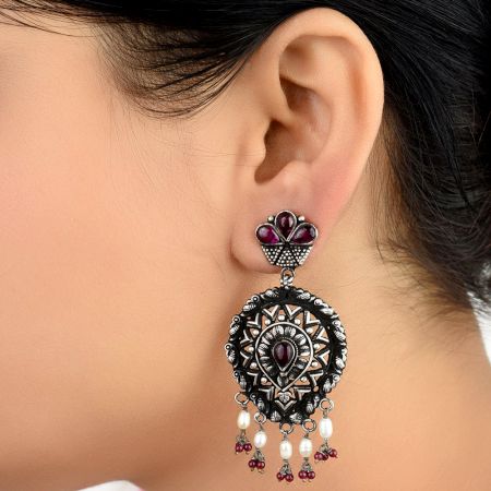 Big Teardrop 92.5 Sterling Silver Earrings Floral Triangular Pattern Studded With Amethyst Red Coral And Pearl