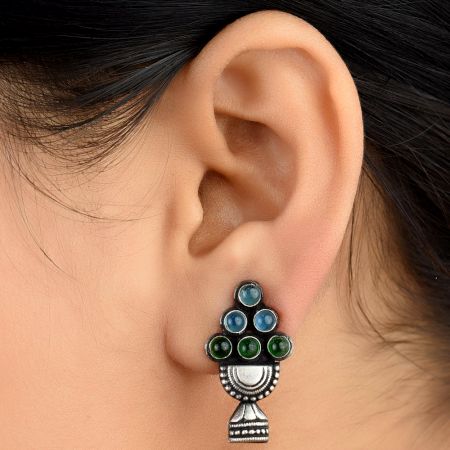 92.5 Sterling Silver Earrings With Blue Topaz And Green Onyx Stones Jhumkis