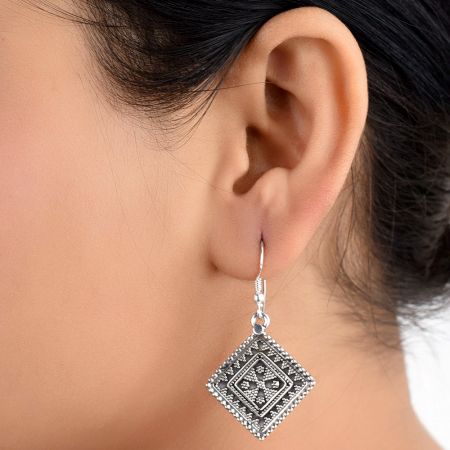 92.5 Sterling Silver Earrings Square Diamond Shape Dangle Earrings