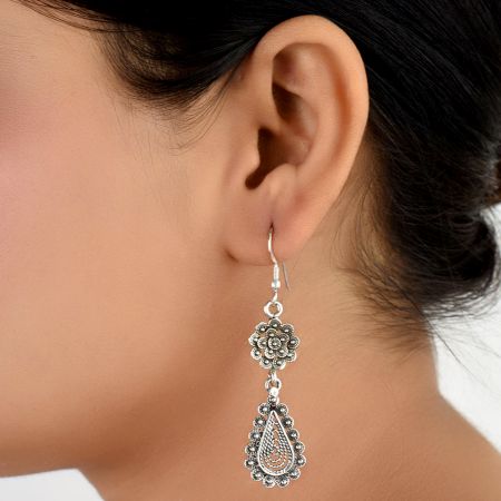 92.5 Floral Stud Oval Drop Engraved Filigree Dangler Earrings