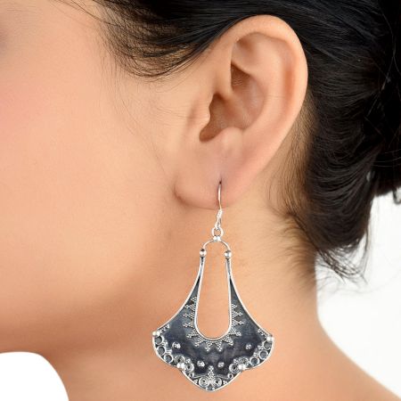 Tribal Petal Design 9.5 Sterling Silver Earrings  Embossed Danglers