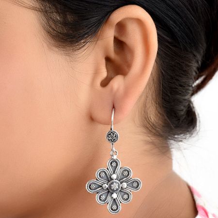 Eight Petals 92.5 Sterling silver Earrings Floral Embossed Danglers For Women