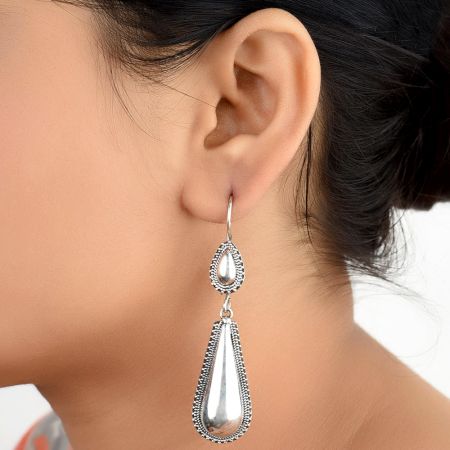 Long Tear Drop 92.5 Sterling Silver Earrings  With Tribal Engraved Pearl Shape Stud