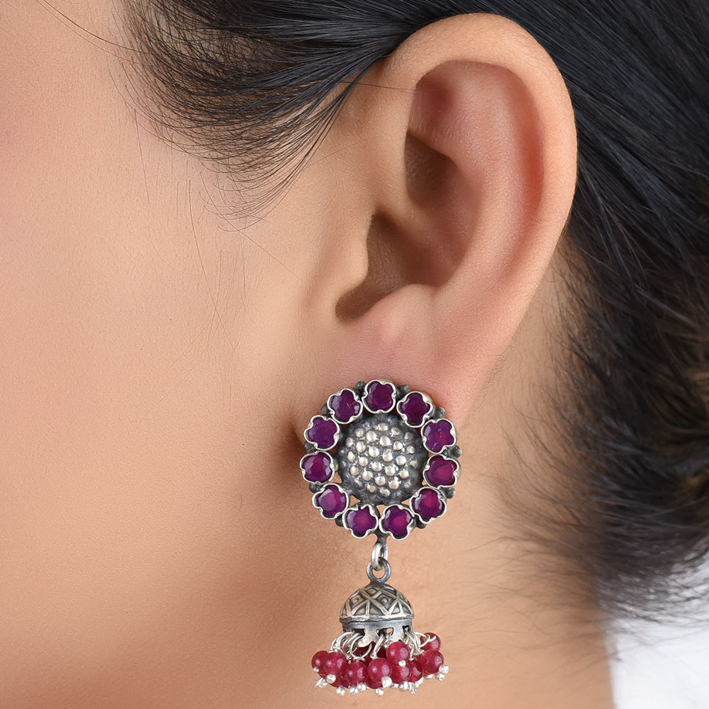 92.5 Sterling Silver Earrings Sunflower Design In Pink Tourmaline Designer Wear Earrings