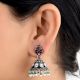 Pyramid Shaped 925 Sterling Silver Jhumki Earrings With Onyx Beads And Amethyst Stud