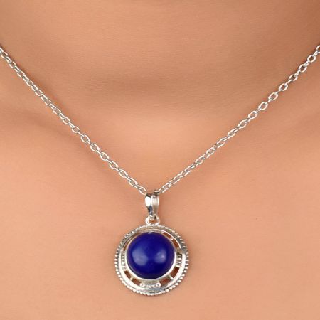 92.5 Sterling Silver Pendant Round Blue Tourmaline Gemstone Pendant