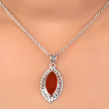 92.5 Sterling Silver Red Carnelian Pendant Marquise Delicate Wedding Gift
