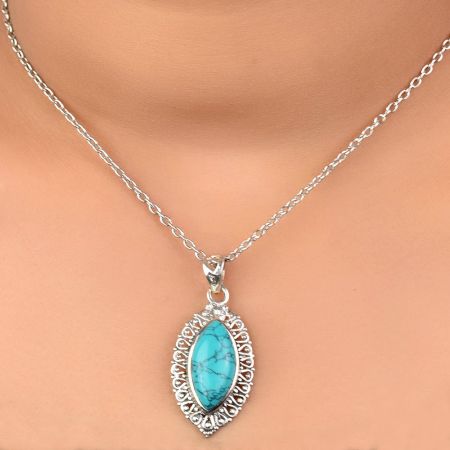 92.5 Sterling Silver Turquoise Pendant Marquise Delicate Wedding Gift