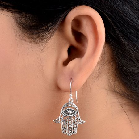 Hamsa Hand 92.5 Sterling Silver Earrings Evil Eye Engraved Earrings