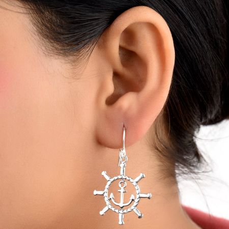 92.5 Sterling Silver Anchor With Ship Wheel Earrings